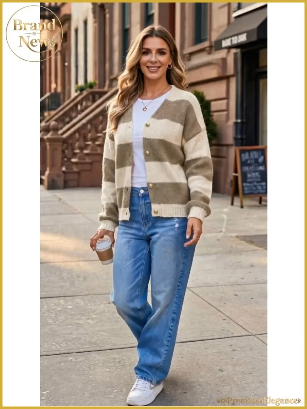 Striped Open Front Cardigan Sweater V Neck Batwing Sleeve Knit